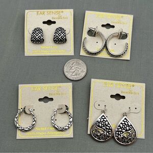 4 Pair Ear Sense Hypoallergenic Earrings / Silver Tone Hoops Studs Dangle